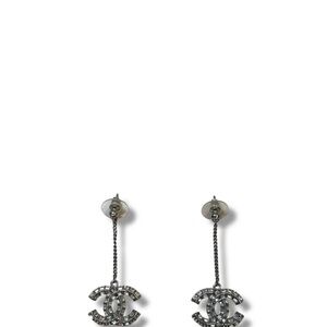 Chanel CC Baguette Crystal Strass Drop Earrings Silver